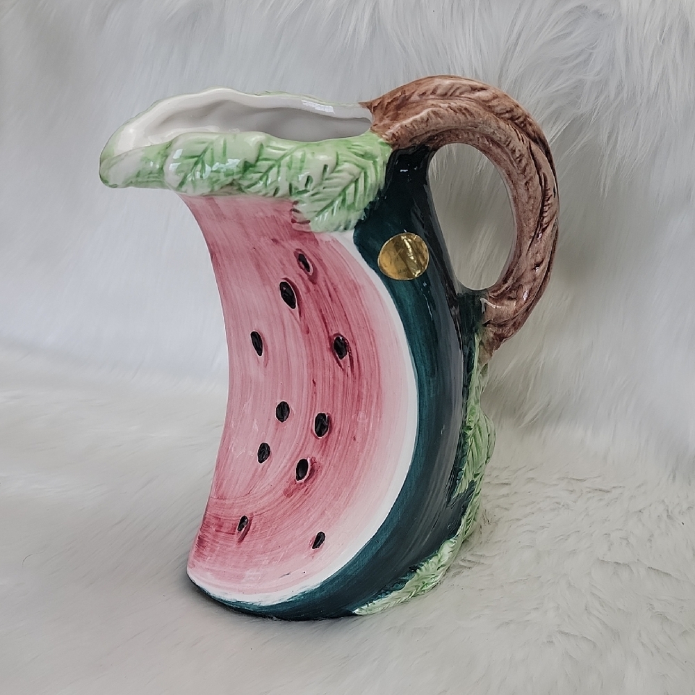 BASSANO VTG Italian Hand Painted Majolica Ceramic Watermelon‎ Cottage Pitcher